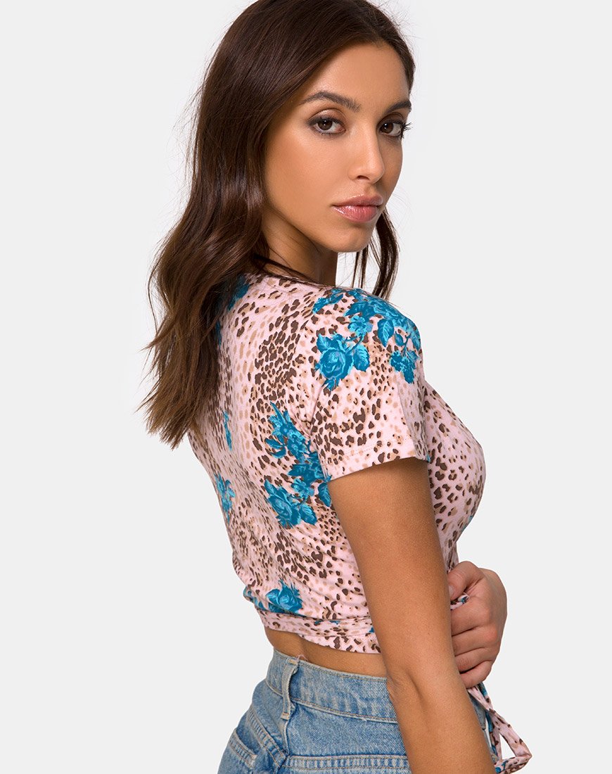 Bilen Crop Top in Jungle Flower Blauw en Crème