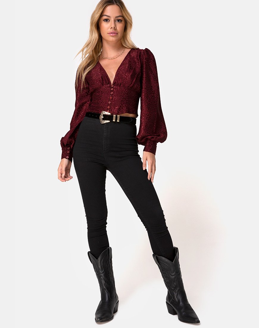Afbeelding van Bina Crop Top in Satijn Cheetah Bourgondië
