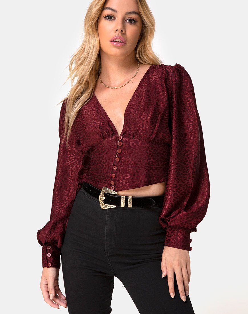 Bina Crop Top in Satijn Cheetah Bourgondië