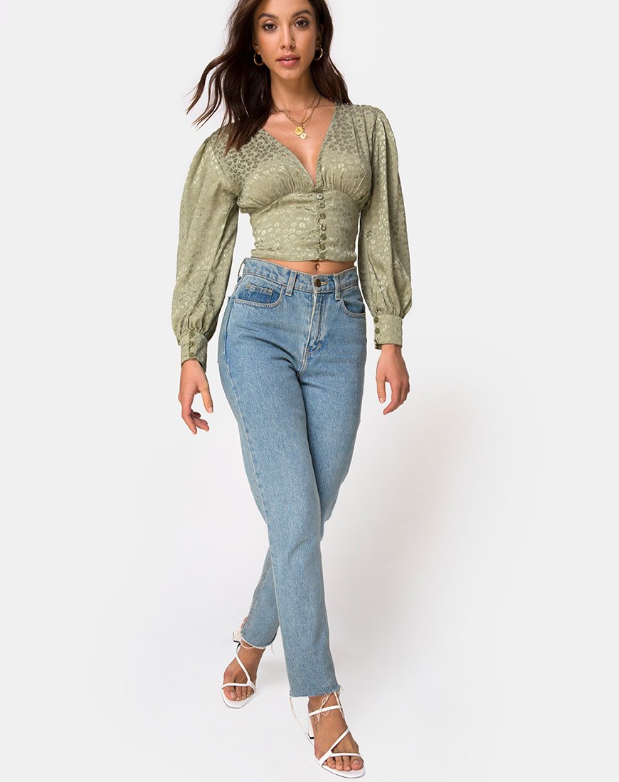 Afbeelding van Bina Lange mouw Top in Satijn Ditsy Rose Sage