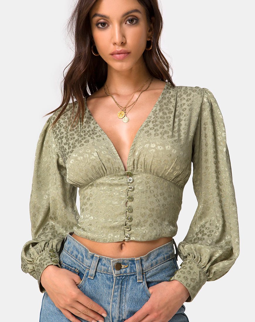 Bina Top met lange mouwen in Satijn Ditsy Rose Sage