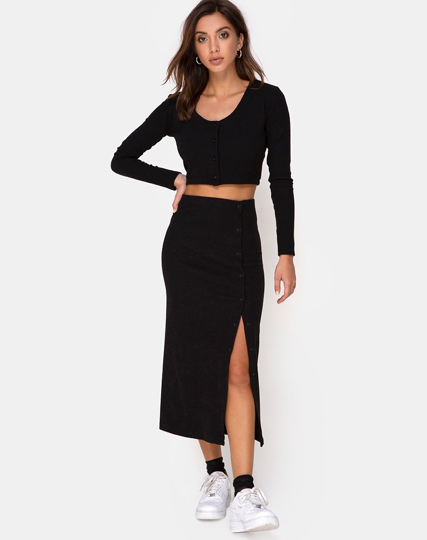 Afbeelding van Bobbin Midi rok in zwart ribtricot