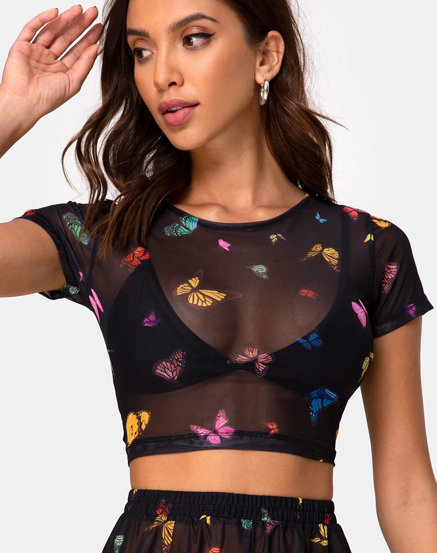 Tiney Crop Top T-shirt in Mesh Zwart Vlinder