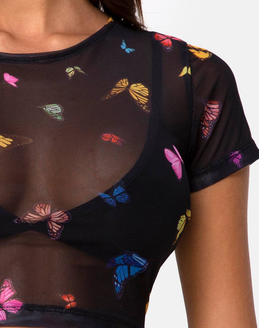 Afbeelding van Tiney Crop Top Tee in Mesh Zwart Vlinder