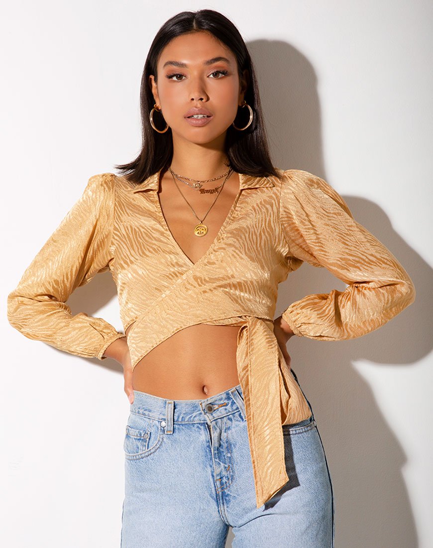 Briza Gewatteerde Top in Satijn Zebra Caramel
