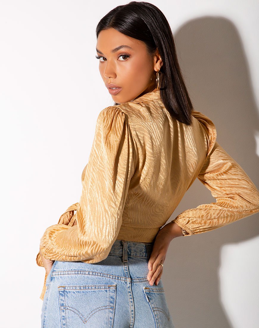 Briza Gewatteerde Top in Satijn Zebra Caramel