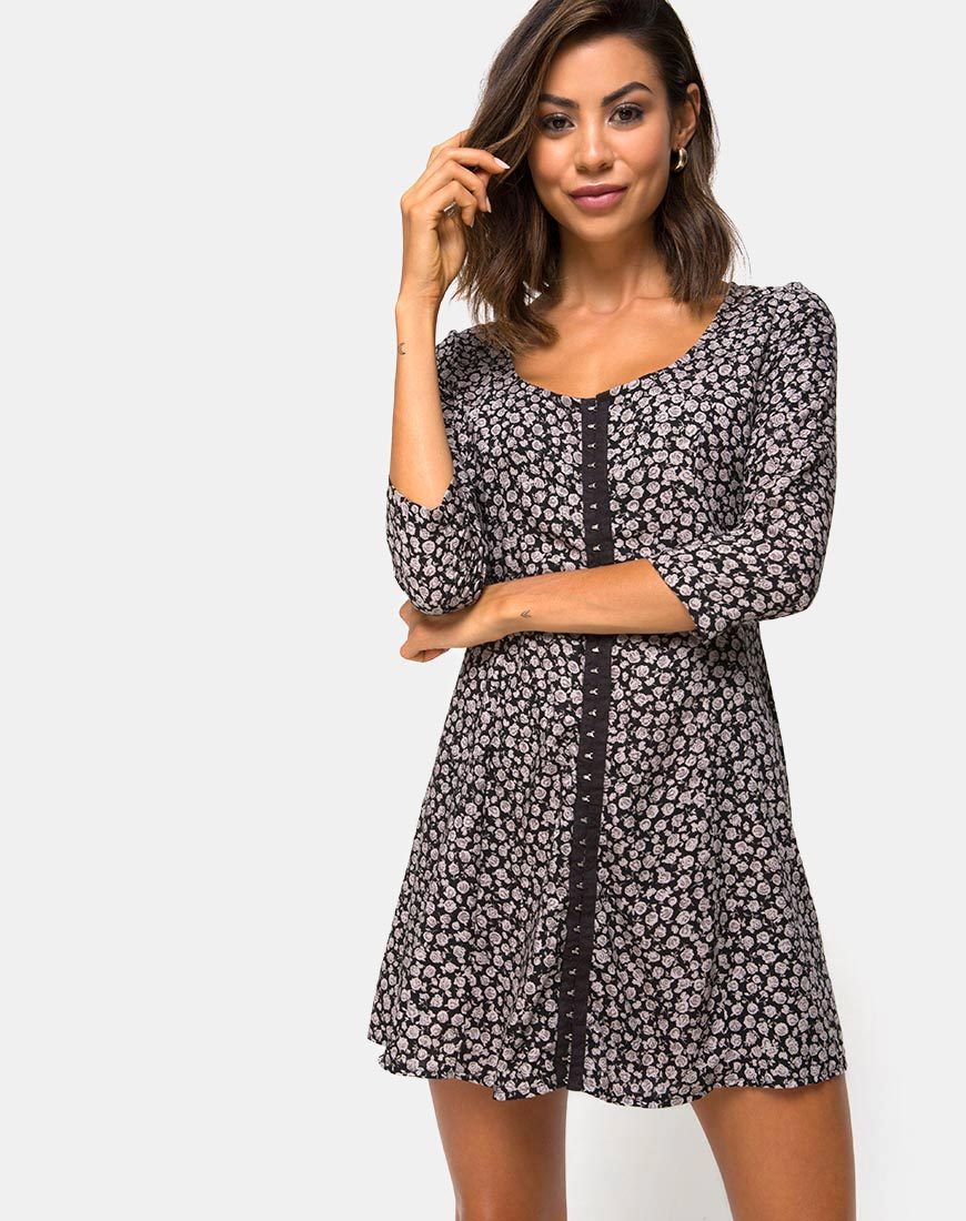 Afbeelding van Camisa Swing Dress in Ditsy Rose Zwart