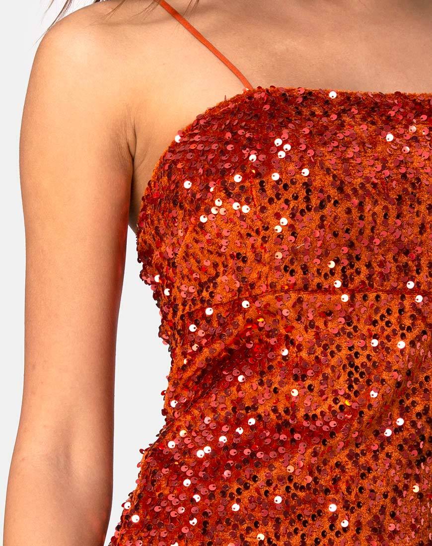 Afbeelding van Cecile Slip Dress in Fluweel Rust Sequin