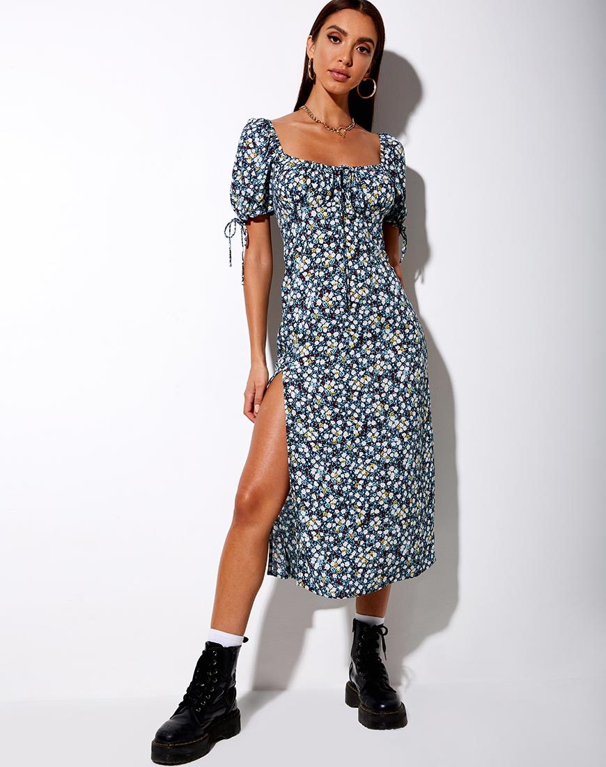 Afbeelding van Cello Midi Dress in Floral Field Navy