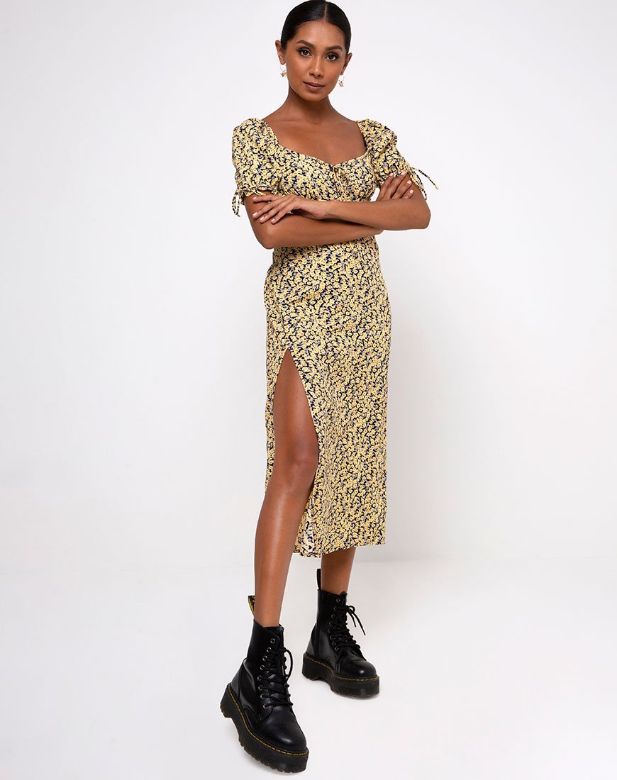 Afbeelding van Cello Midi Dress in Mini Bloom Geel