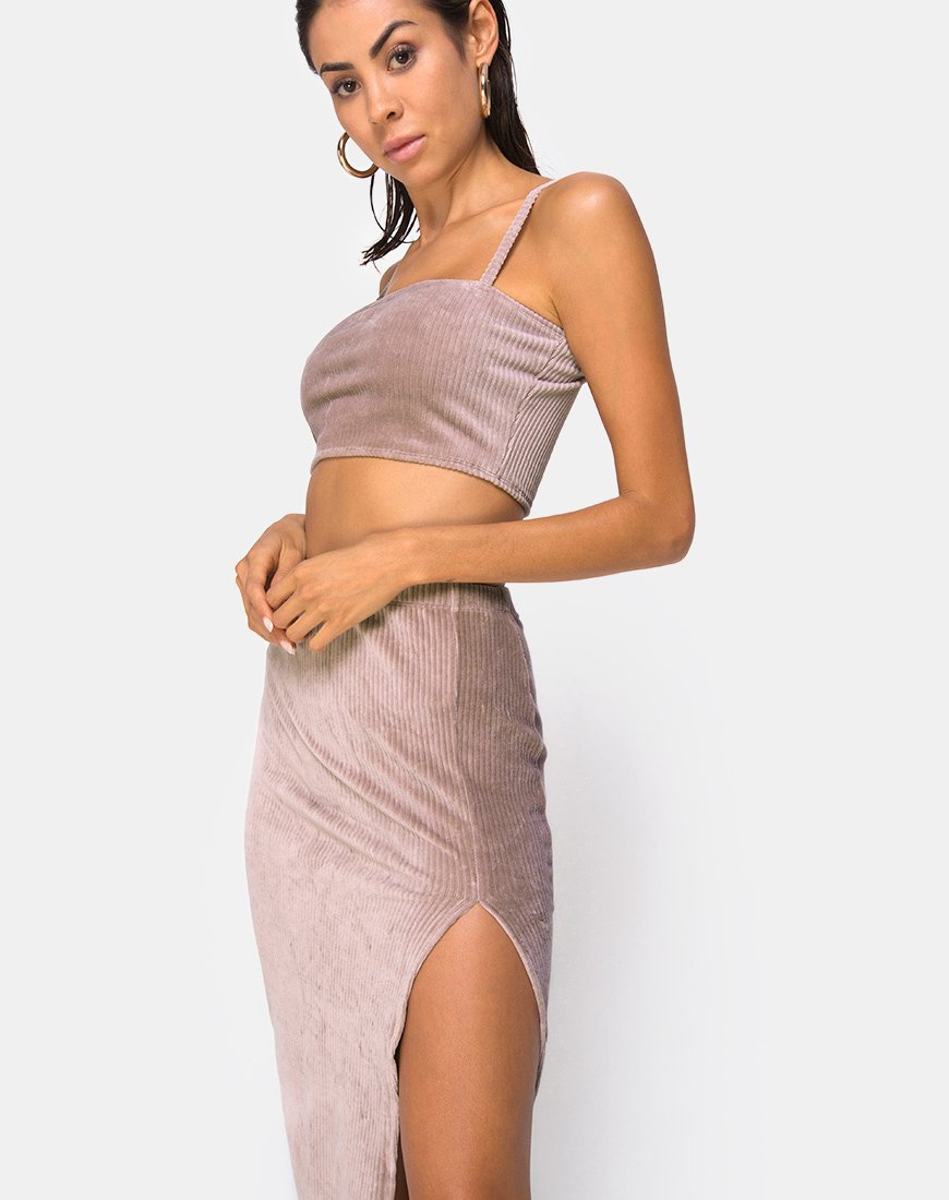 Midi Cheri Split Rok in Taupe Rib