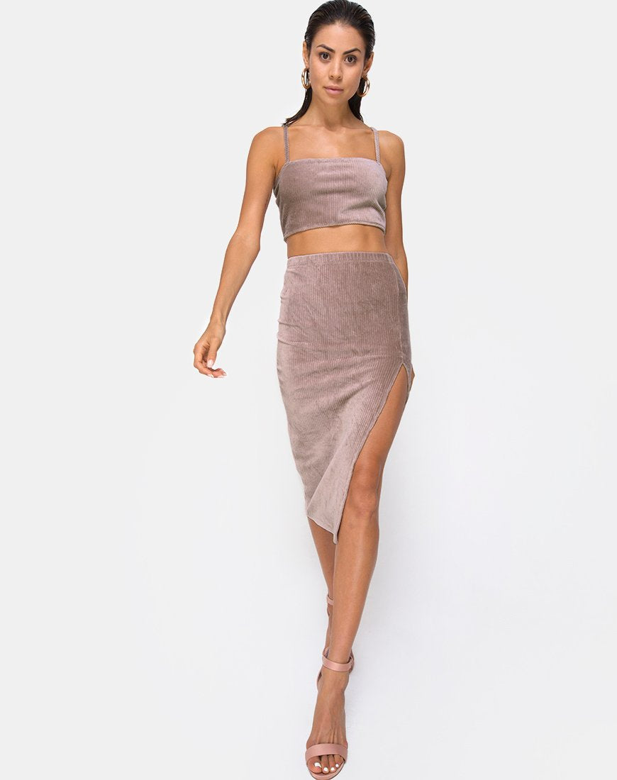 Midi Cheri Split Rok in Taupe Rib