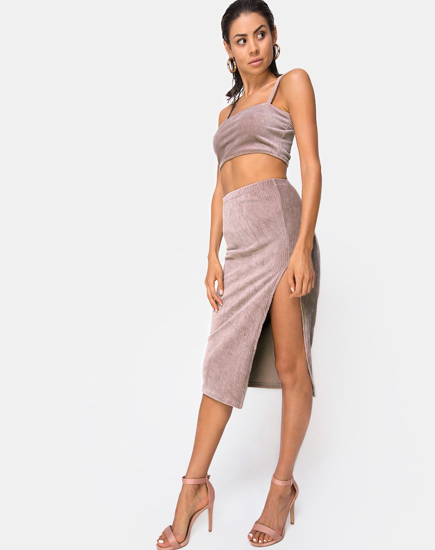 Afbeelding van Midi Cheri Split Rok in Rib Taupe