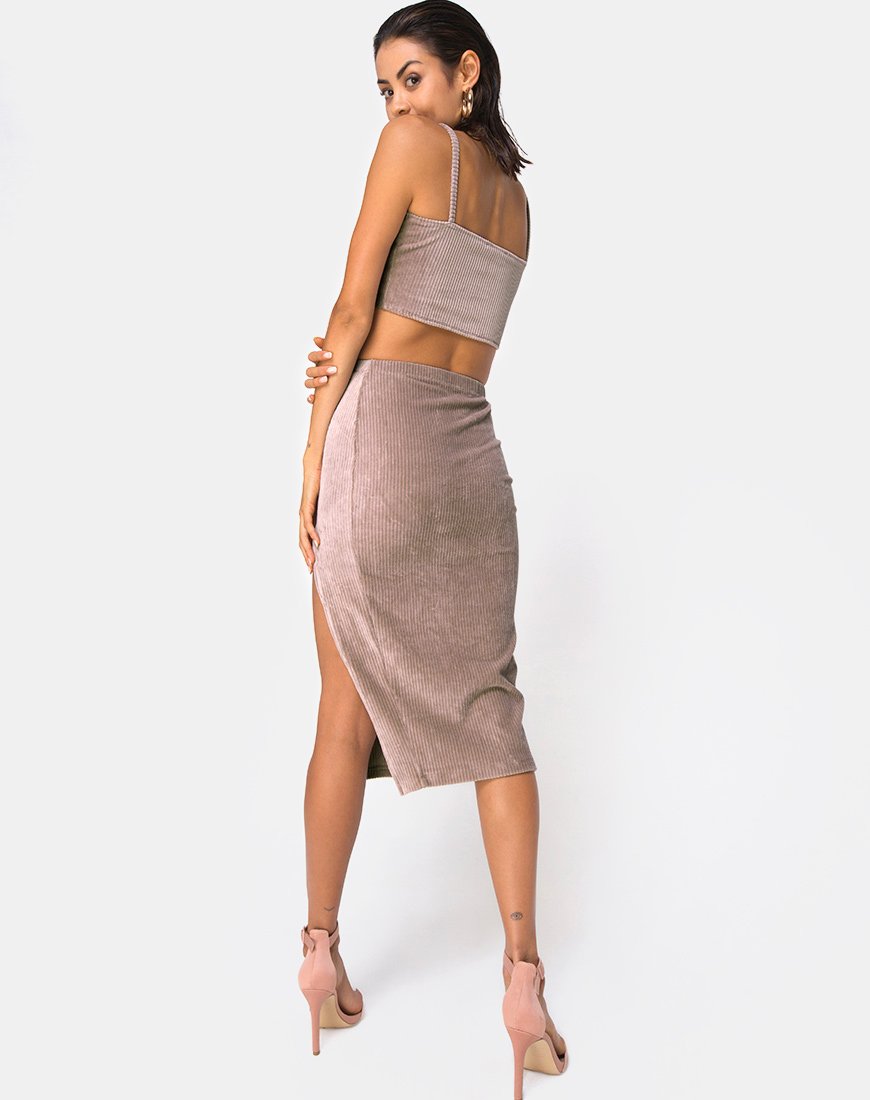Afbeelding van Midi Cheri Split Rok in Rib Taupe