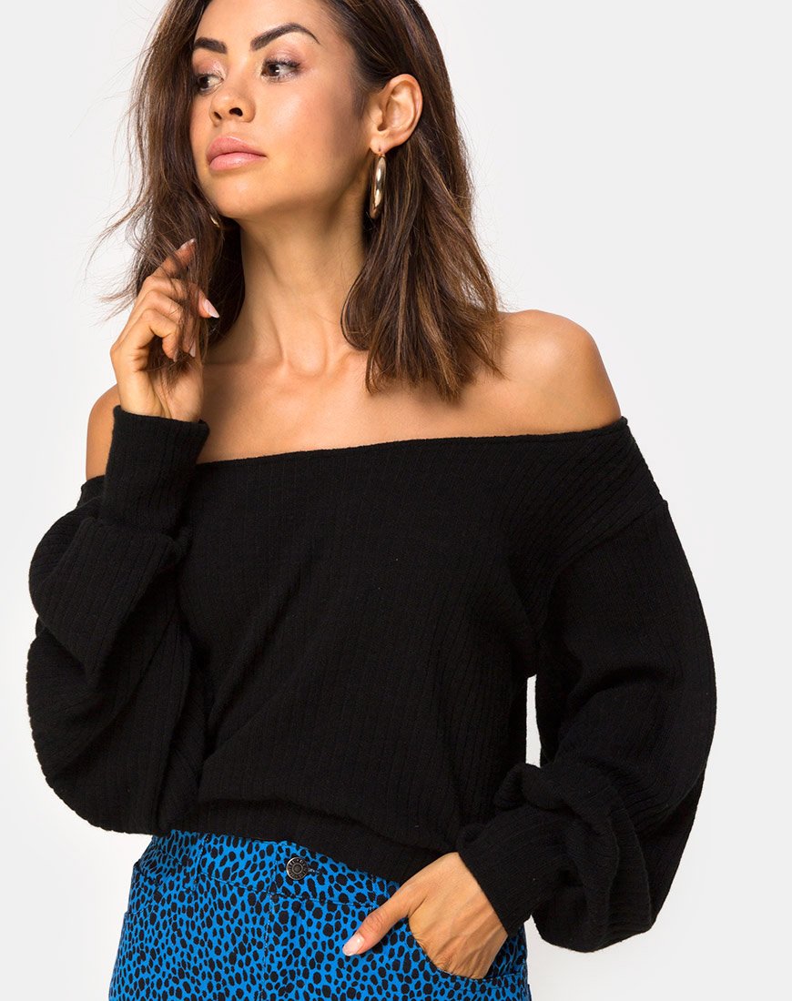 Afbeelding van Saray Off The Shoulder Trui in zwart breisel