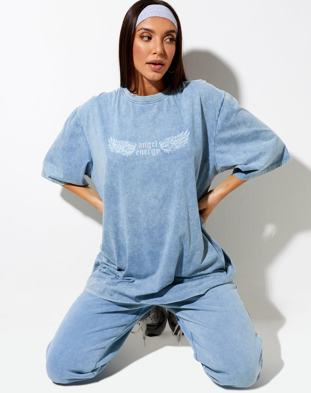 Cocoon T-shirt in gewassen blauw 'Angel Energy' vleugels