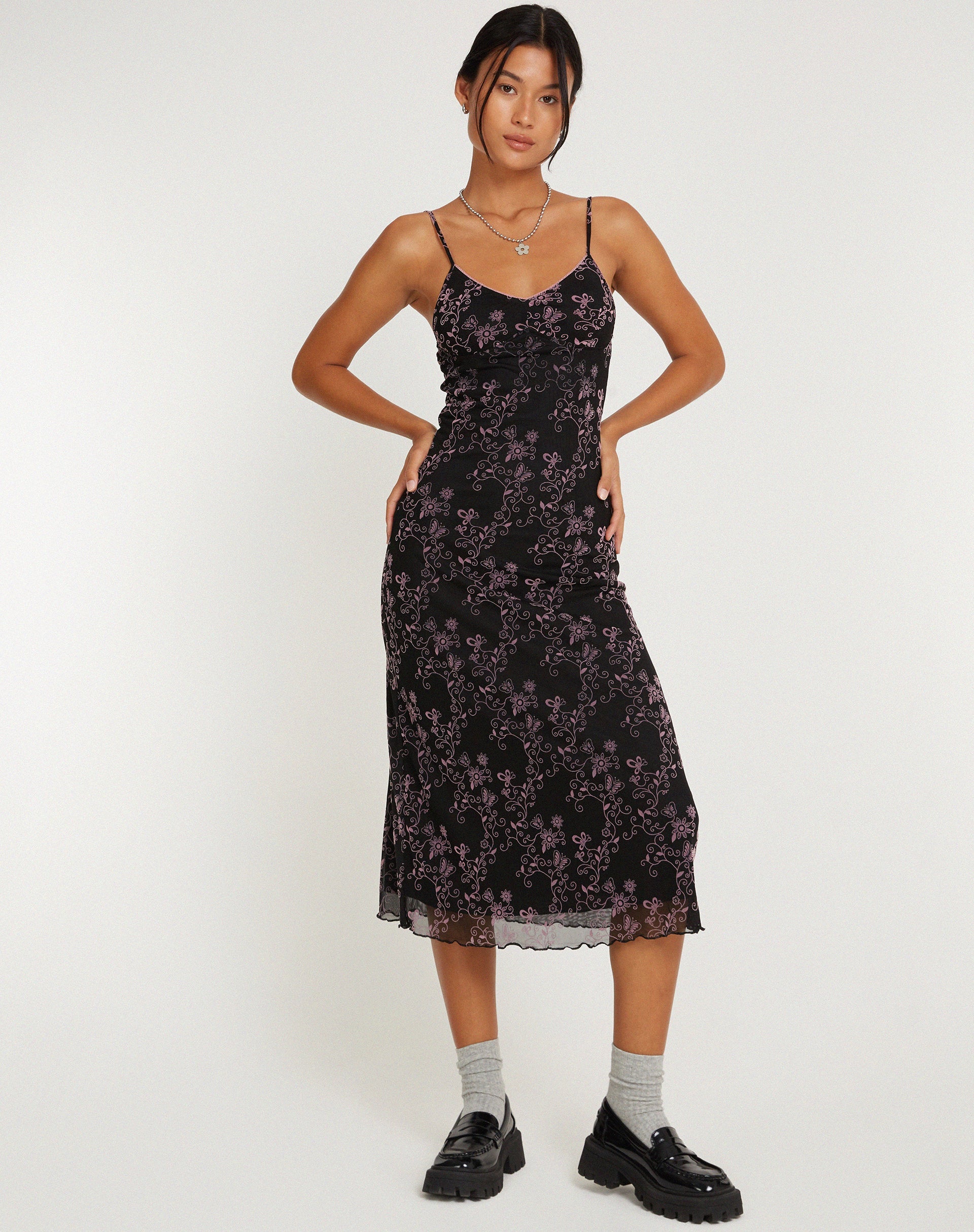 Afbeelding van Cotina Midi Dress in Butterfly Vine Flock Zwart en Roze