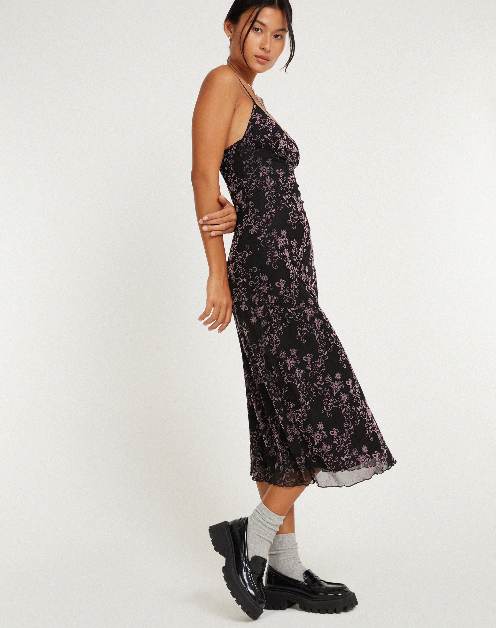 Afbeelding van Cotina Midi Dress in Butterfly Vine Flock Zwart en Roze