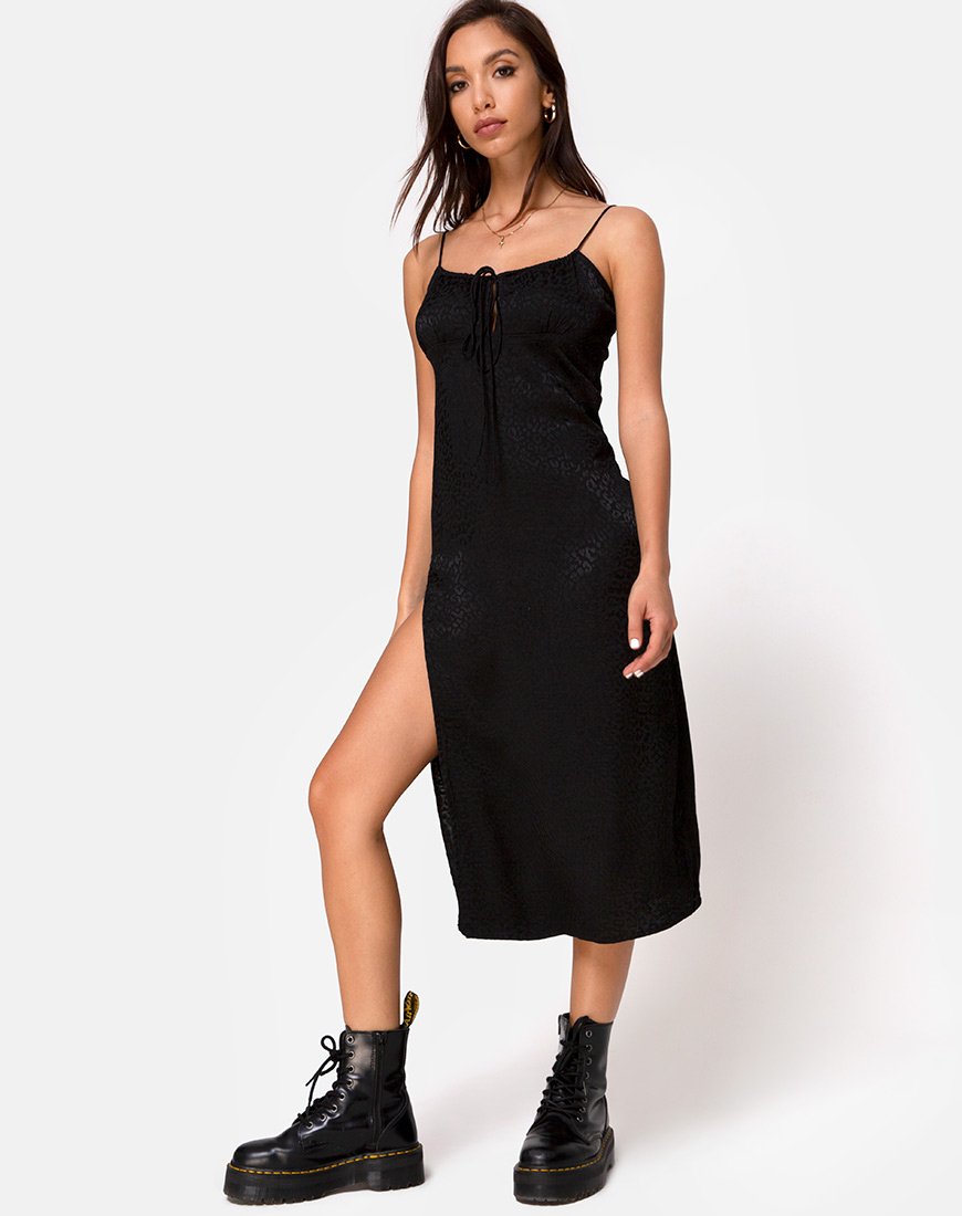 Afbeelding van Cypress Midi Dress in Satijn Cheetah Zwart