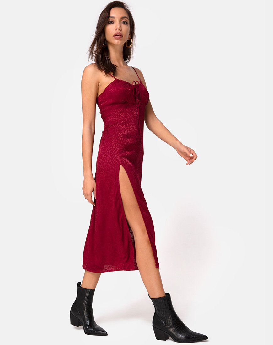 Afbeelding van Cypress Midi Dress in Satijn Cheetah Framboos