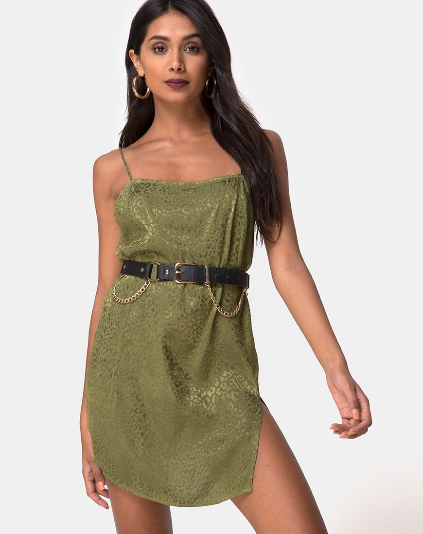 Datista Jurk in Satijn Cheetah Khaki