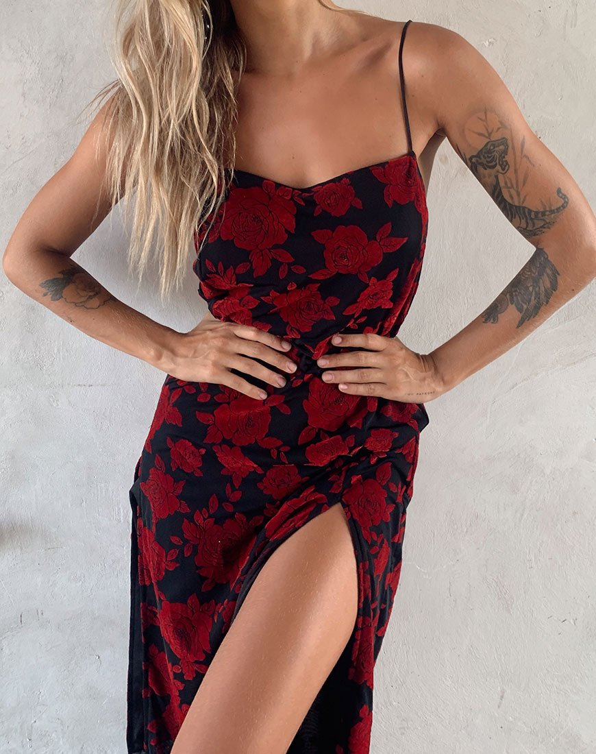 Daxita Jurk in Romantische Rode Roos Flock