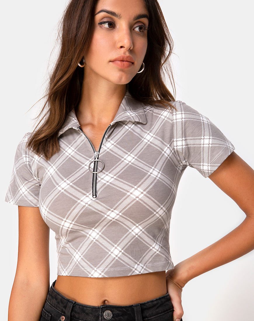 Afbeelding van Dhen Crop Top in Grunge Check Taupe