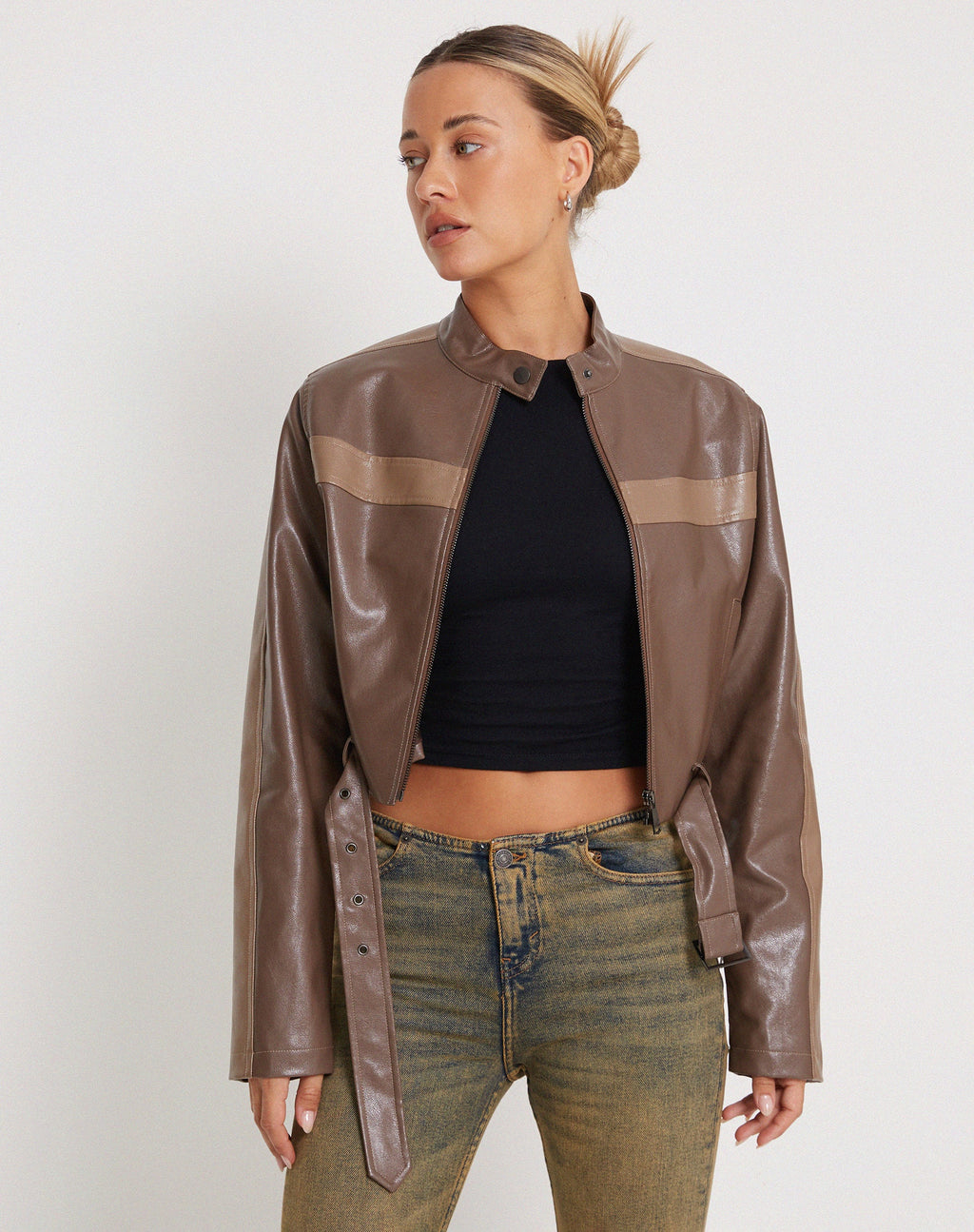 Derby Zip Up Jas in PU Tonaal Bruin