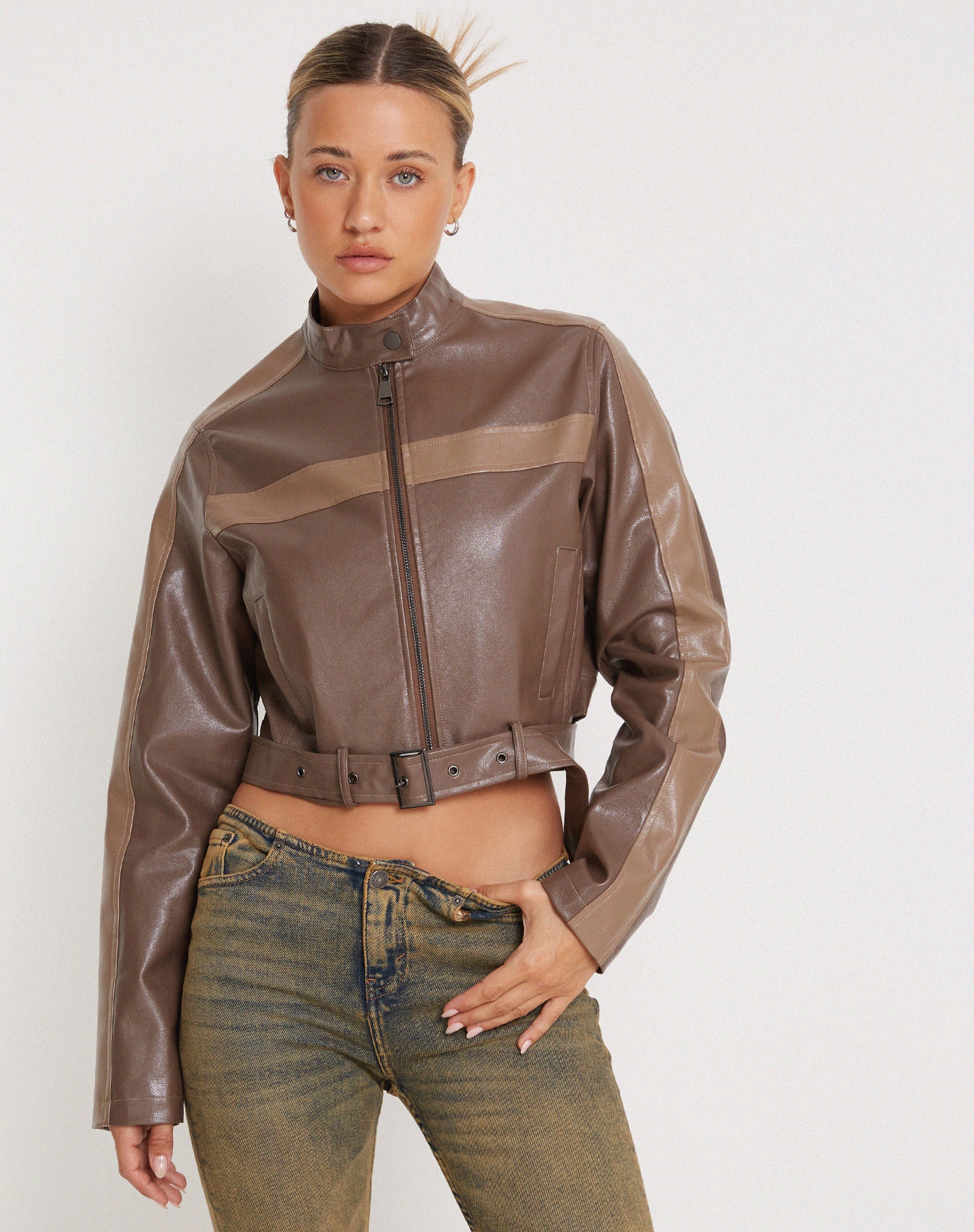 Afbeelding van Derby Zip Up Jas in PU Tonaal Bruin