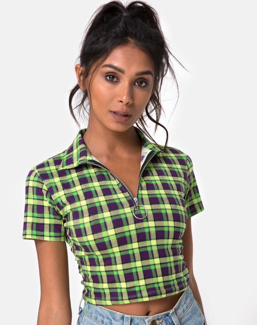 Afbeelding van Dhen Crop Top in Groen en Paars Ruitje
