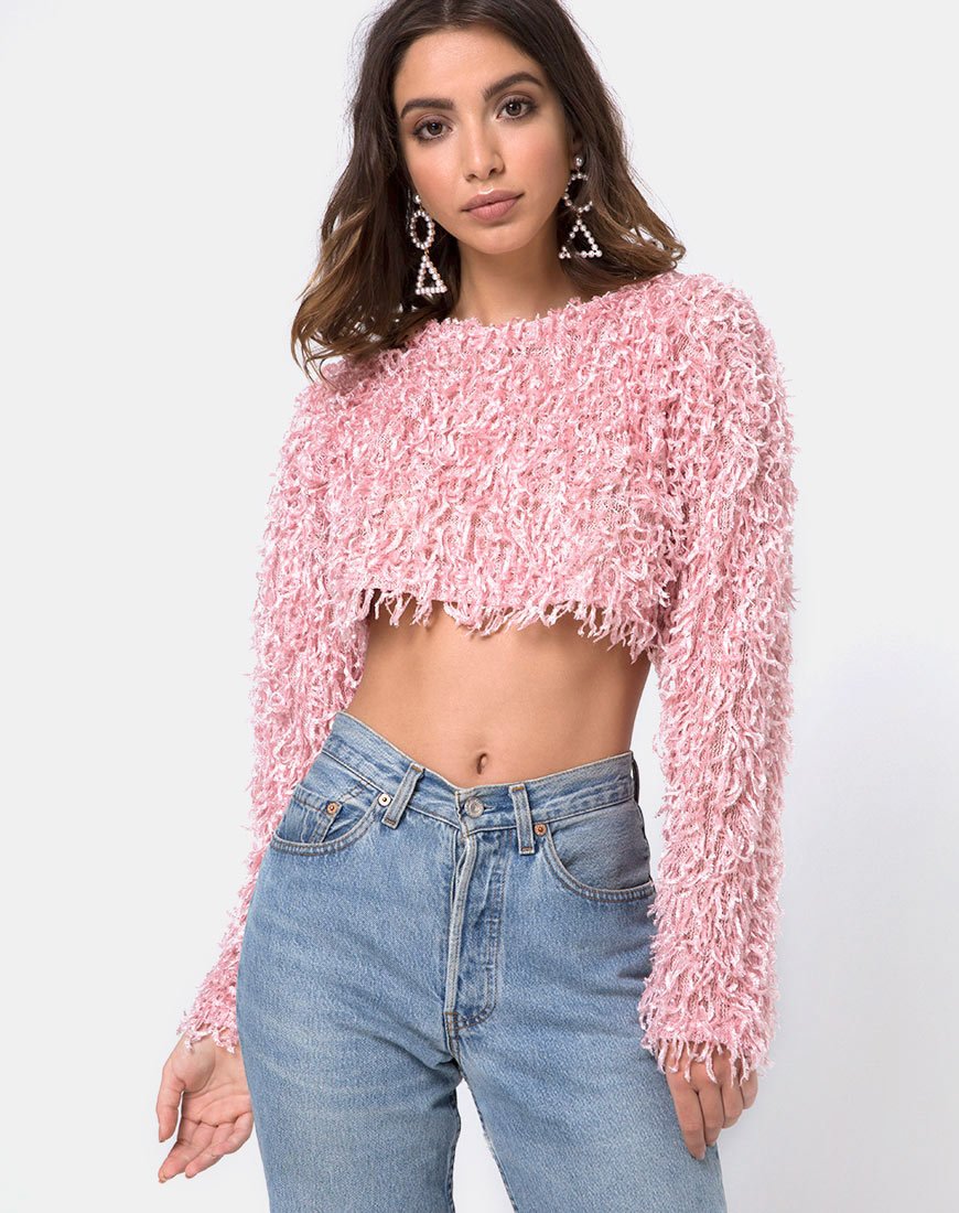 Diabla Crop Trui in Shaggy Knit Suiker Roze