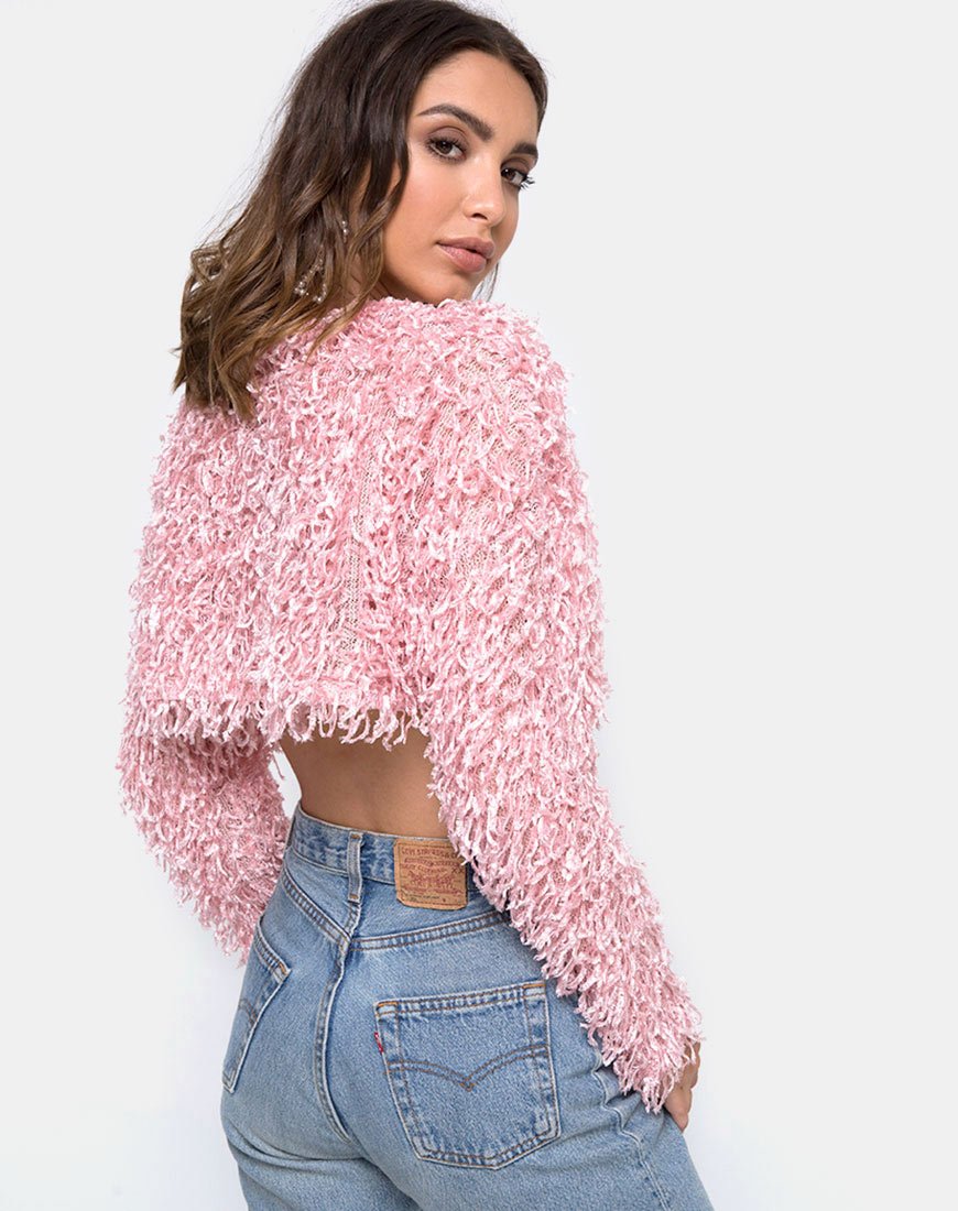 Diabla Crop Trui in Shaggy Knit Suiker Roze