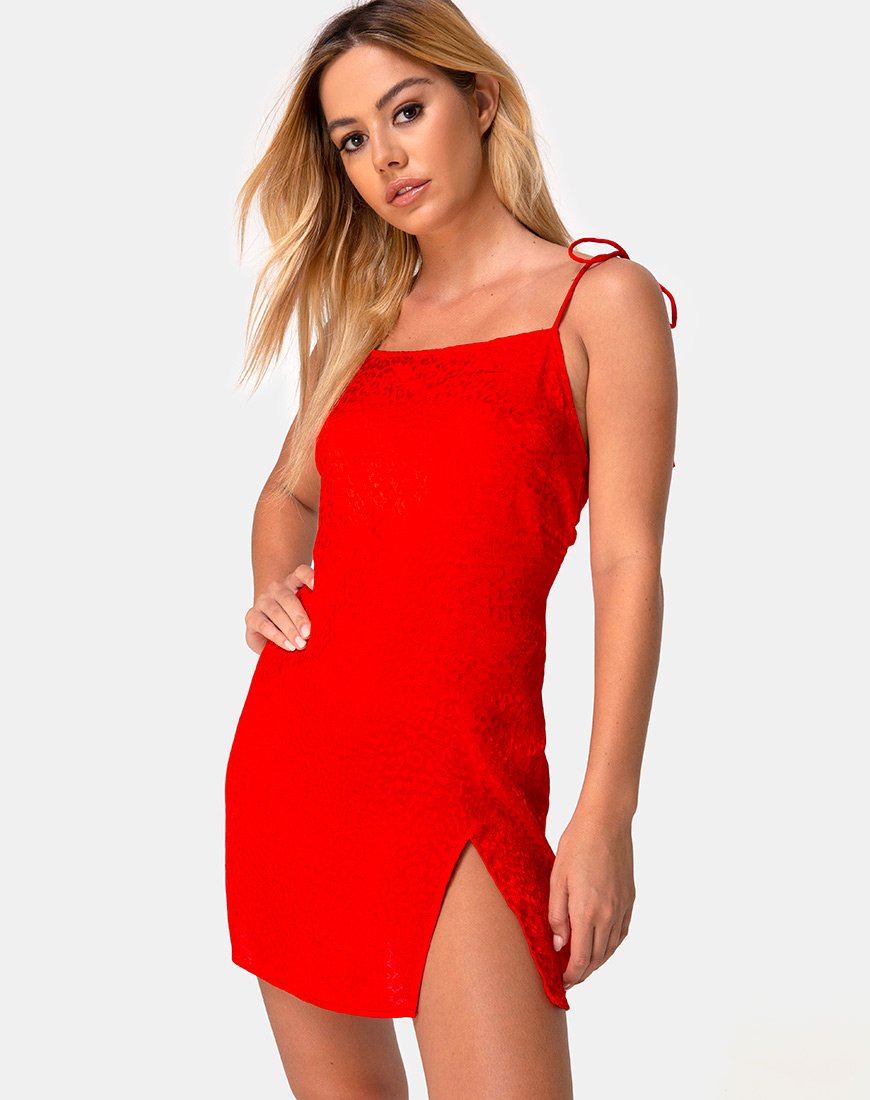 Doella Jurk in Satijn Cheetah Rood