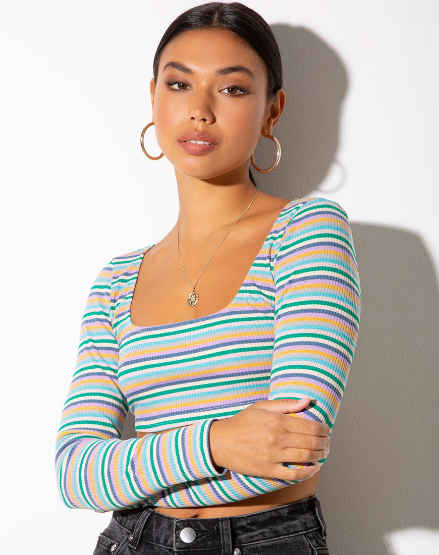 Adea Crop Top in ribgroen paars en geel van Motel