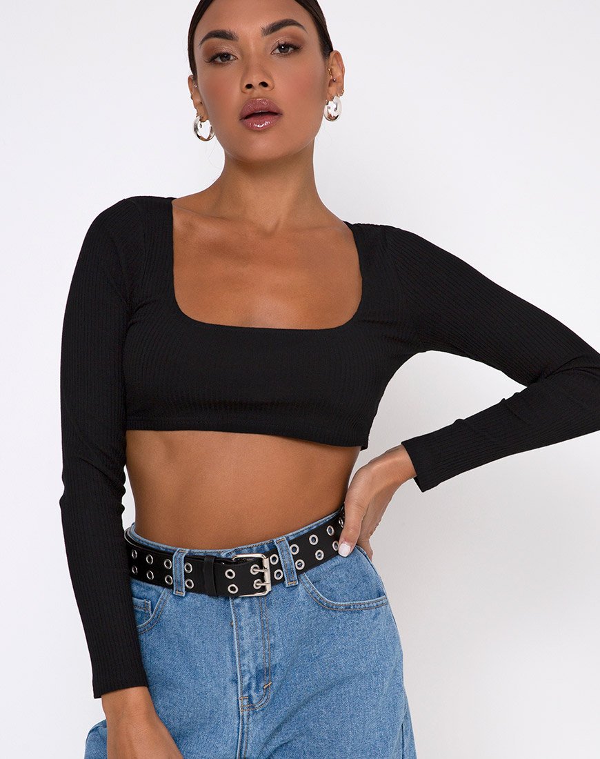 Drea Crop Top in Rib Zwart