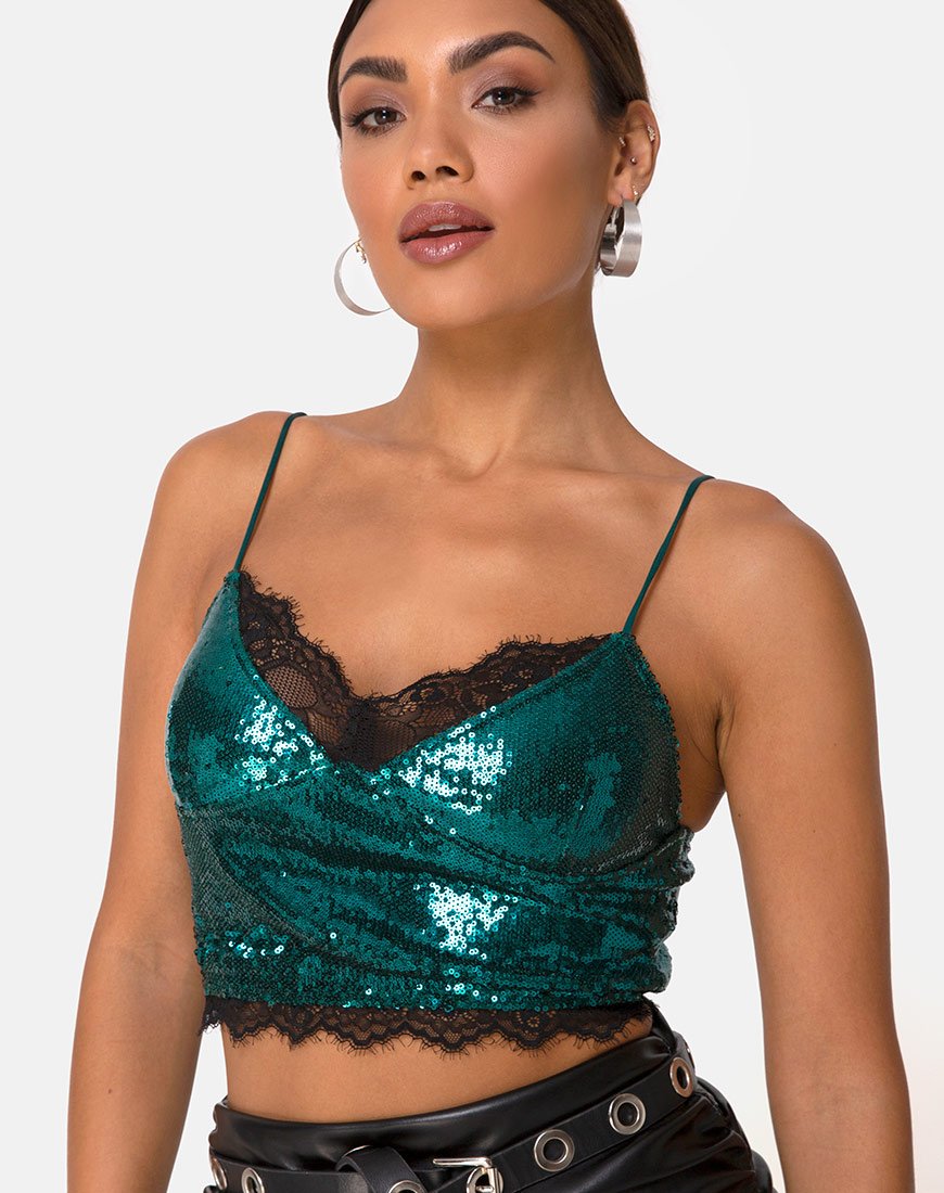 Afbeelding van Drilly Top in Teal Mini Pailletten Met Zwart Kant