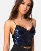 Afbeelding van Drilly Crop Top in Midnight Mini Sequin met Zwart Kant