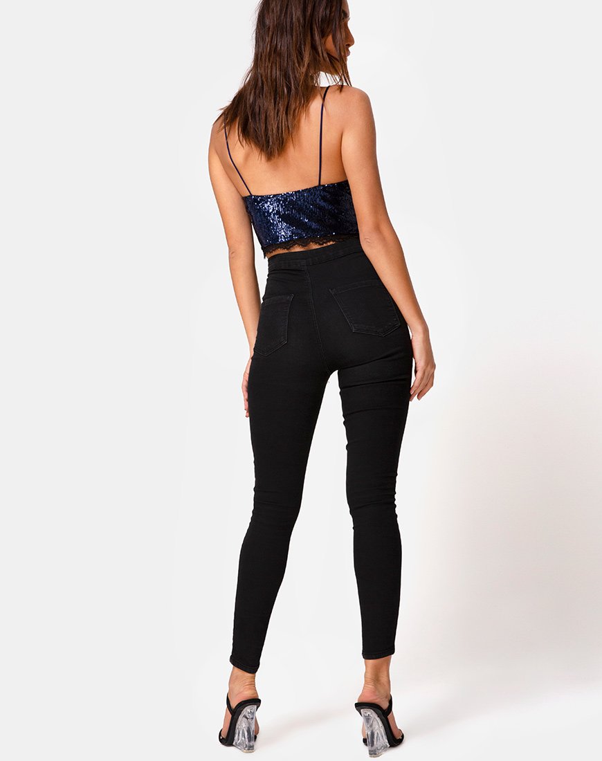 Afbeelding van Drilly Crop Top in Midnight Mini Sequin met Zwart Kant