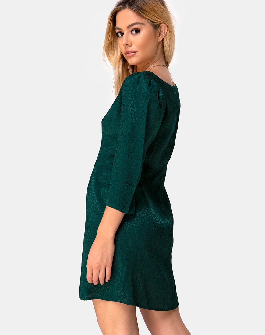 Afbeelding van Dumia Mini Jurk in Satijn Cheetah Bosgroen