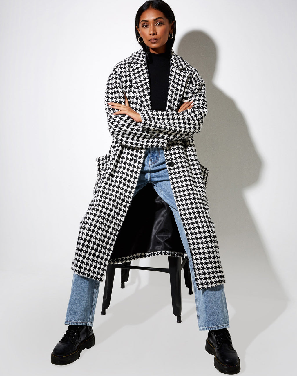 Dusterjas in houndstooth zwart en wit