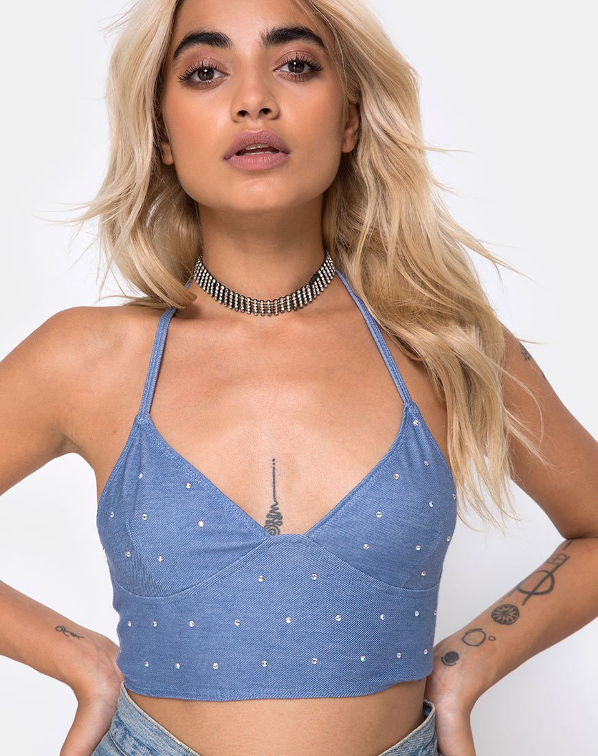 Dyla Crop Top in Blauw Denim Hot Fix