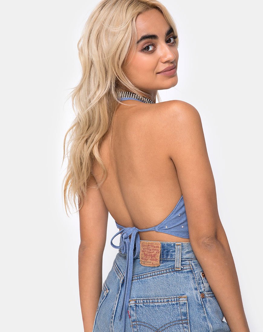 Dyla Crop Top in Blauw Denim Hot Fix