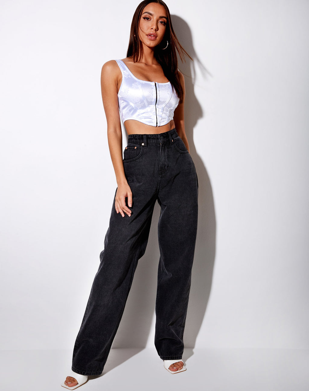 Elci Corset Top in wit ton-sur-ton gebloemd flockwerk