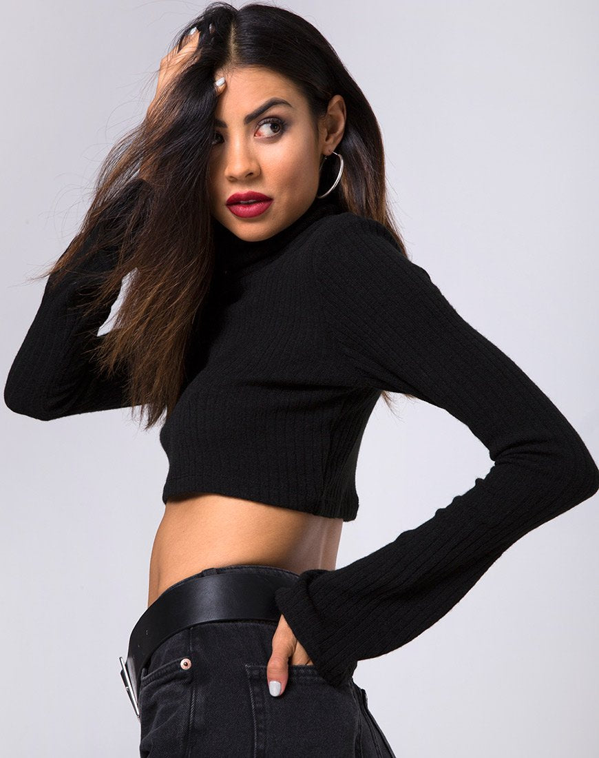 Elena Gewatteerde Top in Ribtricot Zwart