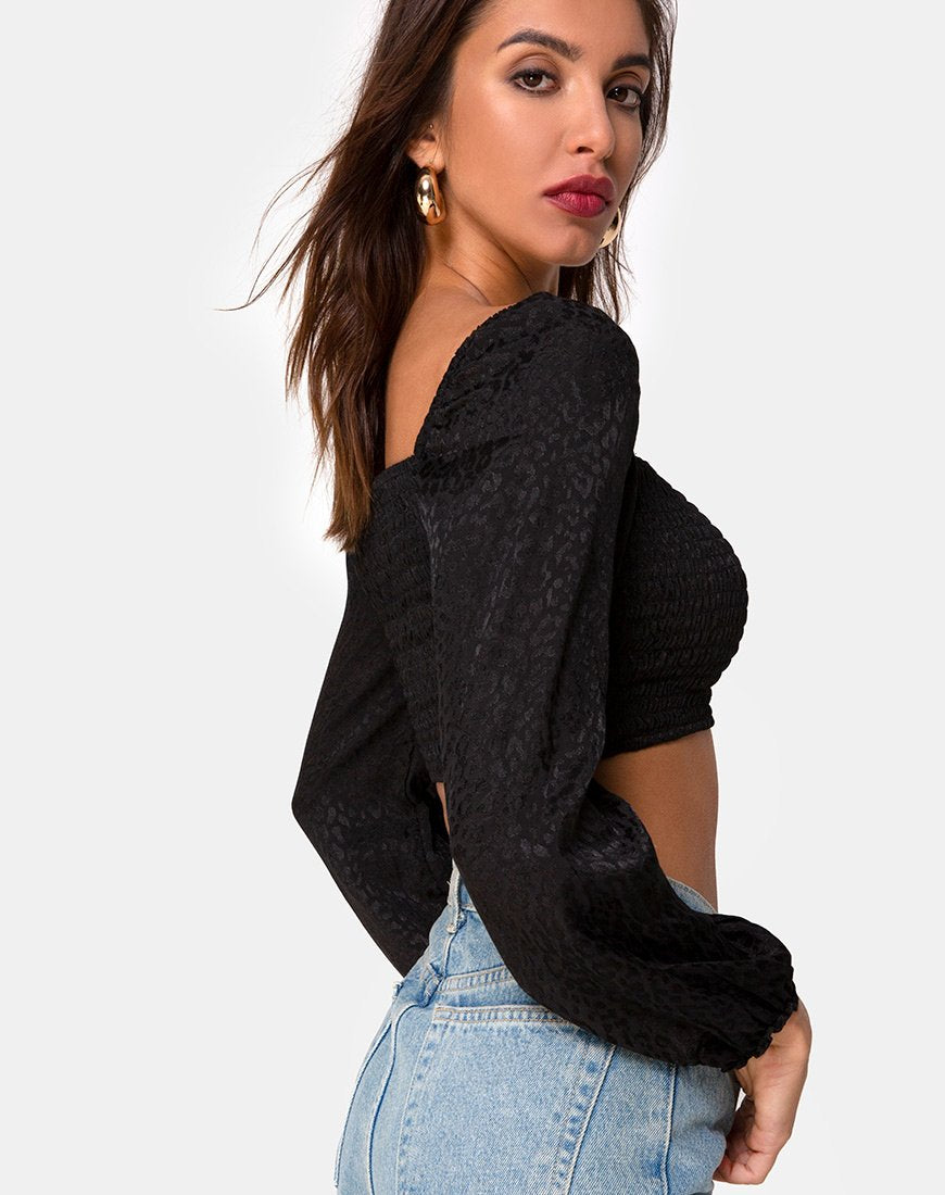 Elina Top in Zwart Satijn Cheetah