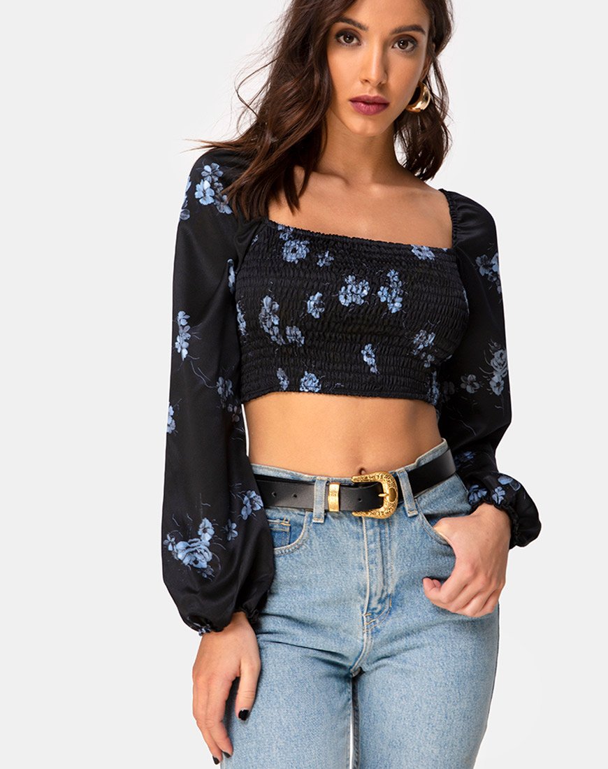 Elina Top in Satijn Zwart Mono Bloem