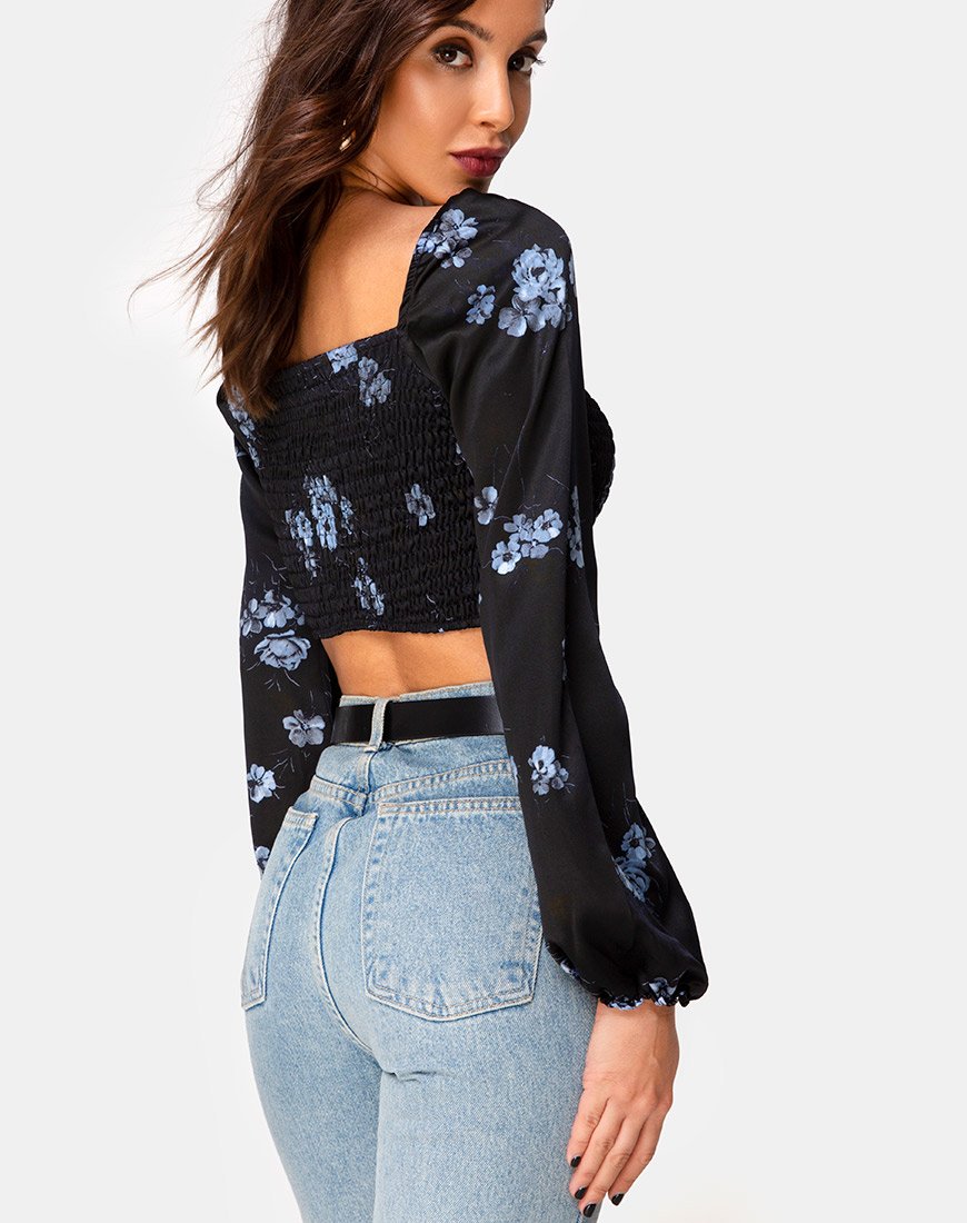 Elina Top in Satijn Zwart Mono Bloem