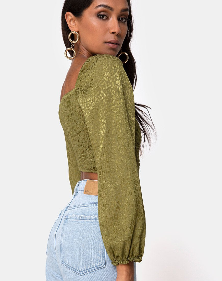 Elina Top in Satijn Cheetah Khaki