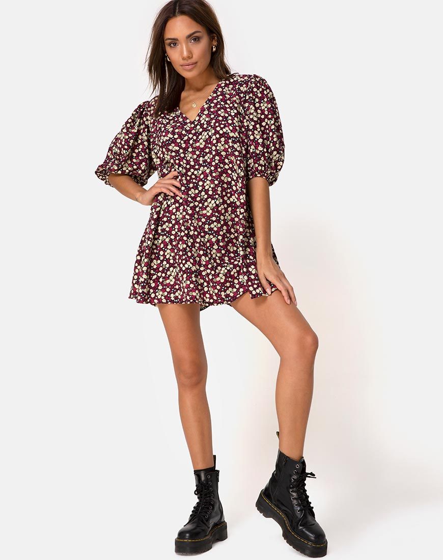 Afbeelding van Elna Babydoll Jurk in Bloemenveld Plum