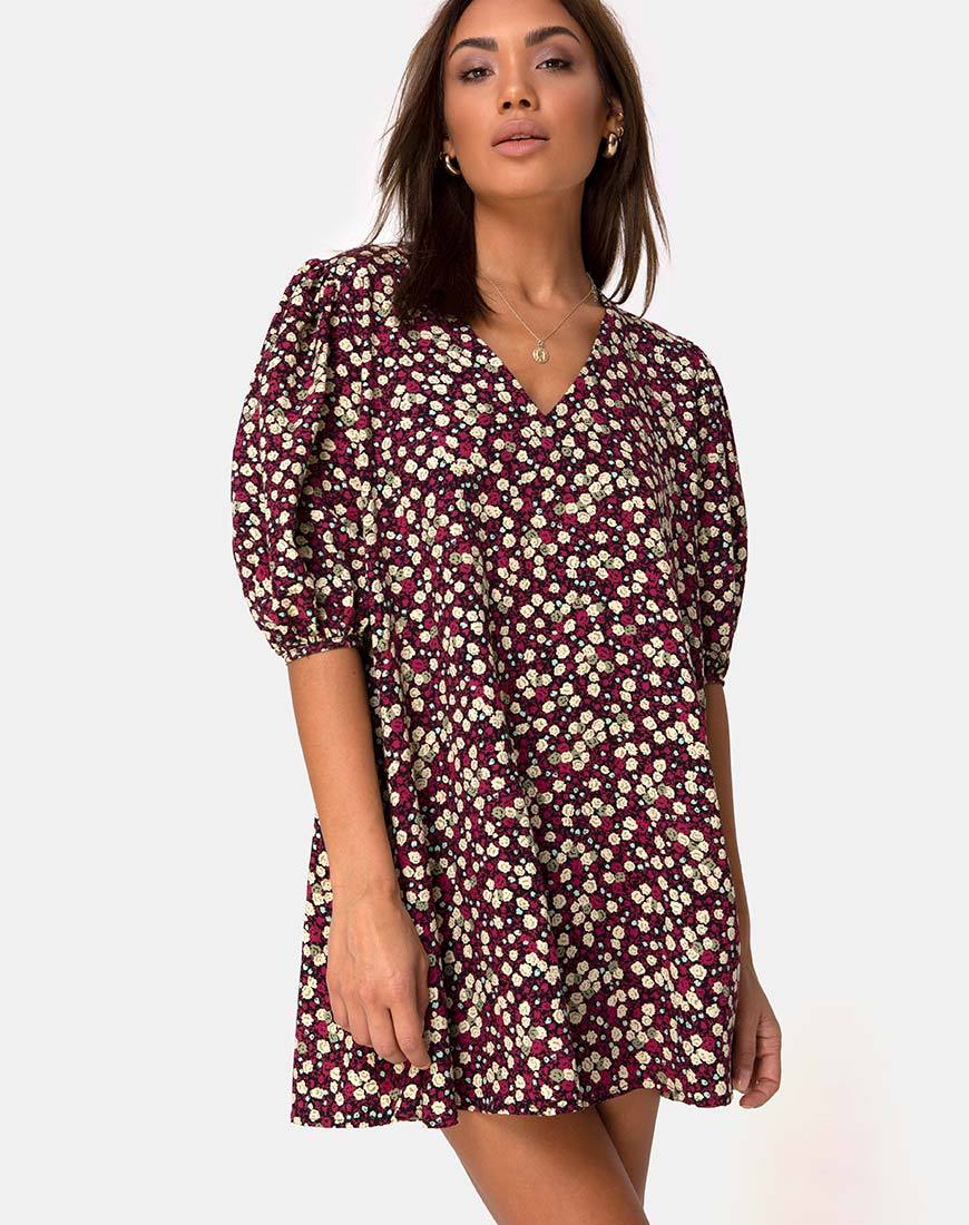 Elna Babydoll Jurk in Bloemig Veld Plum